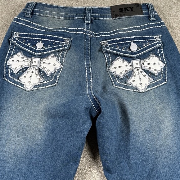 Sky Jeans Juniors 11/30 Blue Medium Wash Super Soft Flare Rhinestone Embellished - Picture 5 of 11